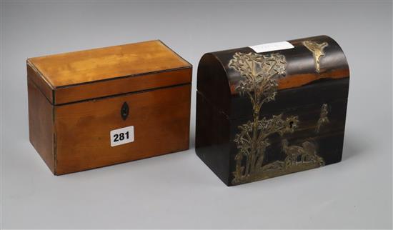 A coromandel box and a satinwood tea caddy tallest 15cm